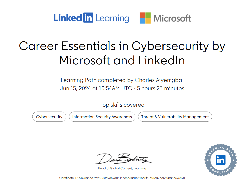 Career Essentials in Cybersecurity by Microsoft & LinkedIn Certificate